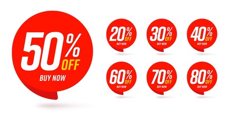 Wall Mural - Different percent discount sticker discount price tag set. Red round speech bubble shape promote buy now with sell off up to 20, 30, 40, 50, 60, 70, 80 percentage vector illustration isolated on white