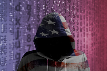 Wall Mural - Hacker in an american hoody in front of a code background with binary streams and information security terms cybersecurity concept