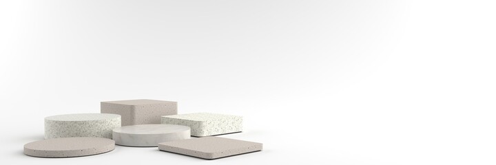 Wall Mural - 3d rendering of round and square marble pedestal, podium for display product on the white floor. ped