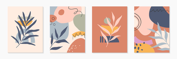 Wall Mural - Bundle of mid century modern abstract vector illustrations with organic shapes and plants.Minimalistic art prints.Trendy designs perfect for banners templates;social media,invitations;branding,covers