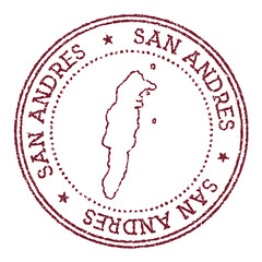 San Andres round rubber stamp with island map. Vintage red passport stamp with circular text and stars, vector illustration.