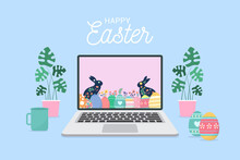 Happy Easter Day With Online On Laptop Concept. Easter Celebrating At Home.vector Illustration