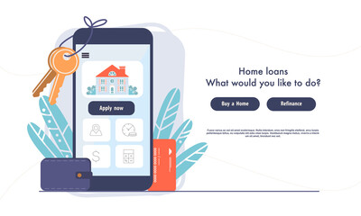 home loans online landing page template. keys to the house hang on mobile phone. home-buying, proper