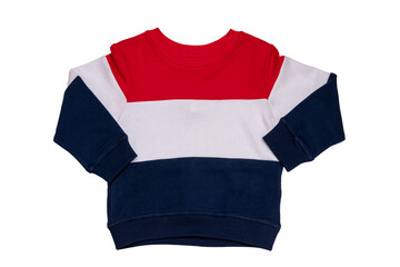 Sticker - Spring and autumn children clothes. A red white blue striped cozy warm sweater or pullover isolated on a white background. Winter fashion for child boy.