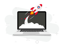 Rocket Launch From Laptop Screen. Rocket Taking Off. Business Start Up, Launching New Product Or Service. Successful Start-up Launch New Business Project. Creative Or Innovative Idea. Rocket Launch
