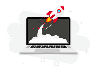 rocket launch from laptop screen. rocket taking off. business start up, launching new product or ser