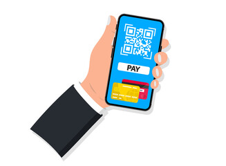 Poster - Scan to pay. Payment by credit card using Smartphone to scan QR code. Hand holding smartphone with QR code scanner. Concept contactless payment , online shopping , cashless technology