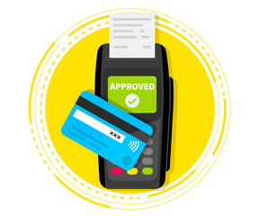 Aufkleber - Payment Machine. POS Terminal. NFC payments. Payment by credit card using POS terminal with inserted credit card and print receipt. Terminal confirms the payment. NFC Bank Payment device. Top View
