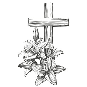 Happy easter, cross and floral blooming lilies, Easter. symbol of Christianity hand drawn vector illustration sketch