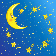 Canvas Print - Night sky. Golden crescent moon and funny shooting stars around it. In cartoon style. On a dark blue background. Vector illustration.