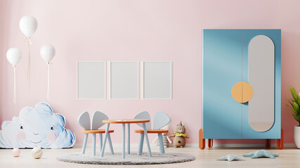 Wall Mural - Blank poster frames mock up in beautiful children room interior with pink wall, colorful furniture and soft toys, kids playroom interior background, nursery, 3d rendering