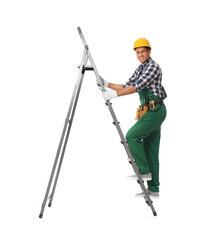 Poster - Professional builder climbing up metal ladder on white background