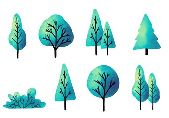 Wall Mural - collection of abstract watercolor tree side view isolated on white background for landscape and arch