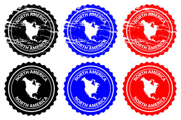 north america - rubber stamp - vector, north america continent map pattern - sticker - black, blue a