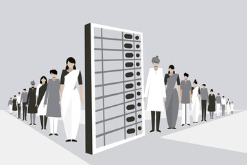 Wall Mural - Conceptual illustration of Indian people stand in a long line along side a huge electronic voting machine
