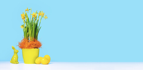 Wall Mural - Bouquet of yellow spring daffodils and dyed Easter eggs with a bunny. White table on blue background. Happy Easter abstract greeting card or banner. Copy space for text