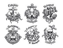 Vintage Badges With Octopus And Anchor Vector Illustration Set. Monochrome Labels With Marine Creature With Tentacles. Underwater Wildlife And Sea Concept Can Be Used For Retro Template