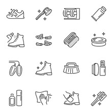 Shoe Cleaning And Care Products Thin Line Icons Set Isolated On White. Cleaner, Brush, Spray.