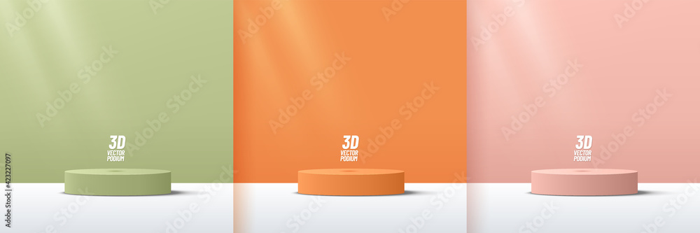 Set of green, orang, pink cylinder pedestal podium display, Empty room background. Abstract modern vector rendering 3d shape for products display presentation. Pastel minimal wall scene, Studio room. - obrazy, fototapety, plakaty 