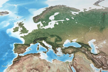 Physical Map Of Western Europe, With High Resolution Details. Flattened Satellite View Of Planet Earth, Its Geography And Topography. 3D Illustration - Elements Of This Image Furnished By NASA