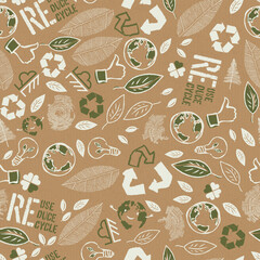 Wall Mural - Seamless ecology signs on cardboard vector texture. Earth day abstract background