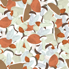 Aufkleber - Many Mushrooms natural color seamless pattern. Hand drawn natural food theme vector background