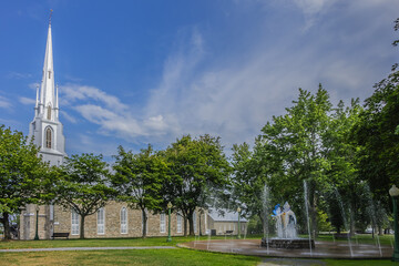 View of Church of St. Patrick (Paroisse-de-Saint-Patrice, 1855) in Village Riviere-du-Loup (200 kilometers east of Quebec City). Quebec province, Canada.