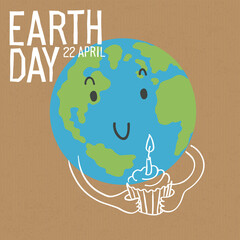 Wall Mural - Cute Earth character with birthday cake. Earth day. Save the earth concept poster. Vector illustration