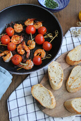 Poster - Garlic shrimp pincho for tapas dinner party at home. Homemade basque pintxo workshop. Spanish food