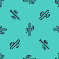 Wall Mural - Black line Cactus icon isolated seamless pattern on green background. Vector