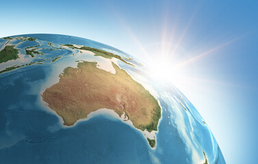 Wall Mural - sun shining over a high detailed view of planet earth, focused on australia. 3d illustration - eleme