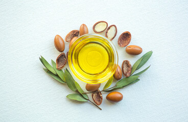 Argan seeds and oil isolated on a white background. Argan oil nuts with plant. Cosmetics and natural oils background