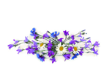 Wall Mural - violet flowers bellflowers, chamomiles and blue cornflowers on a white background with space for tex
