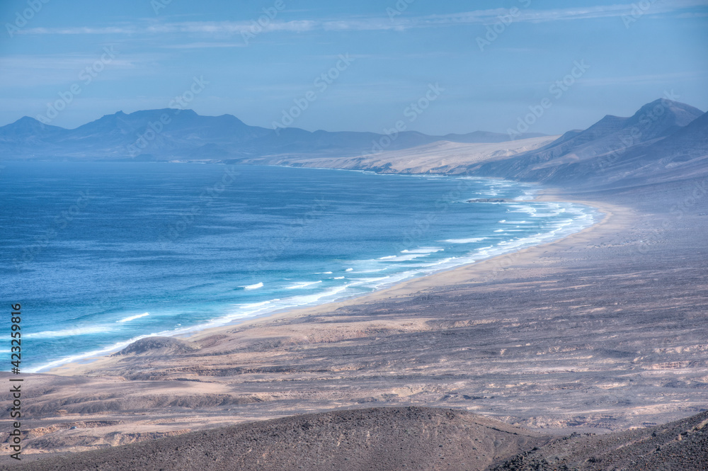 Aerial view of Cofete beach at Fuentevertura, Canary Islands, Spain - obrazy, fototapety, plakaty 