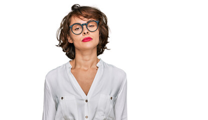 Sticker - Young hispanic woman wearing business style and glasses relaxed with serious expression on face. simple and natural looking at the camera.