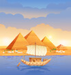 Pyramids of Egypt. Egyptian pyramids in the evening on the river. Pyramid of Cheops in Cairo, in Giza. A boat sailing past the pyramids. Vector illustration