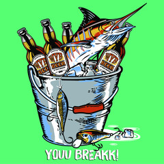 Bucket of fish with beers and hooks cartoon You Break - Vector art illustration