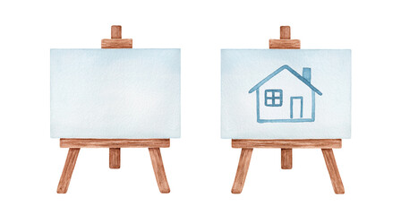 Set of two artists' wooden easels: blank one and with simple little house drawing. Handdrawn watercolour sketchy illustration, cutout clip art elements for creative design decoration, sticker, banner.