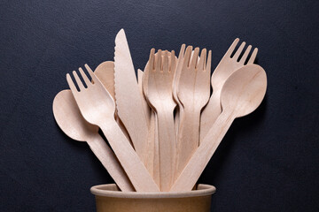 Disposable wooden cutlery and cardboard containers. Accessories for eating outdoors.