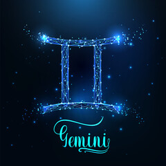 Wall Mural - futuristic glowing low polygonal gemini zodiac sign concept on dark blue background.