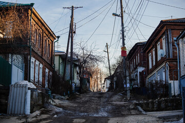 Wall Mural - Old houses on low-rise street in old poverty part of Voronezh in Russia