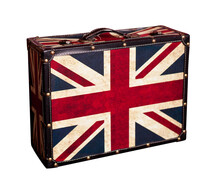 Suitcase With An British Flag Isolated On White. Vintage Bag Striped Flag Of England Taking On The White Background. Suitcase With United Kingdom UK Flag. Trip To England Concept