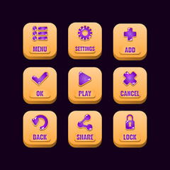 Wall Mural - collection set of square wooden buttons with jelly icons for game ui asset elements vector illustrat