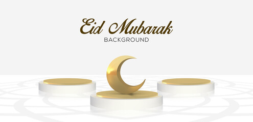 Ramadan Kareem promotional banner background template vector design Decorated With 3d Realistic golden crescent moon standing on podium. Islamic eid mubarak special sale 