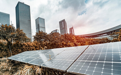 Wall Mural - solar panel plant with urban landscape landmarks,ecological energy renewable concept.