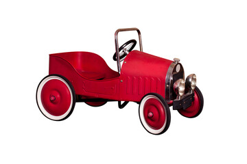 Classic Vintage Child's toy car. Red vintage toy car isolated on white