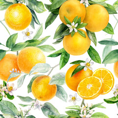 Canvas Print - Watercolor seamless pattern orange fruit isolated on white background.