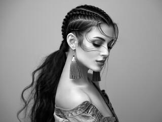 Wall Mural - Brunette girl with perfect makeup. Beautiful model woman with curly hairstyle. Care and beauty hair products. Lady with braided hair. Model with jewelry. Black and white photo