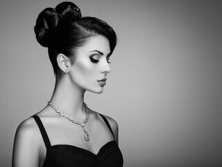 Wall Mural - fashion portrait of young beautiful woman with jewelry and elegant hairstyle. brunette girl. perfect