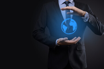 Businessman man hand holding Earth icon , digital globe